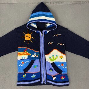 Incas Inc Sweater Hoodie Youth 6 Wool Peru Blue Animals Sun Birds Whimsical